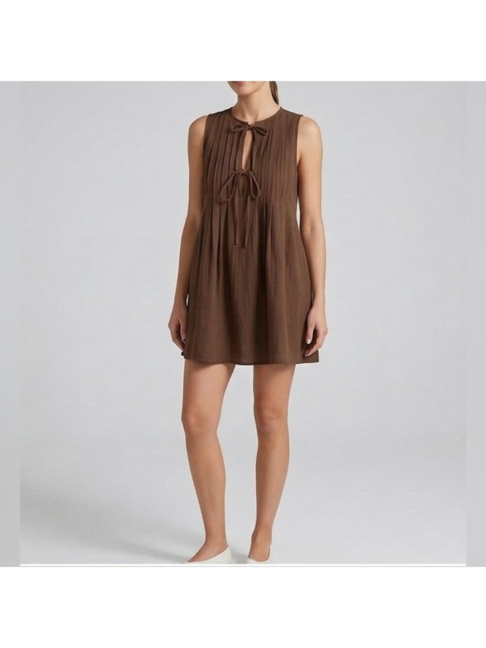 Earthy 100% Cotton Pleated Tie-Front Mini Dress Chocolate Brown